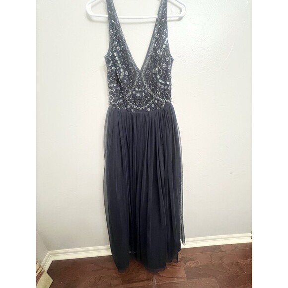 $495 AIDAN MATTOX Navy Embellished Beaded Tulle Formal Dress Gown Size 6 M3020 - Picture 3 of 15